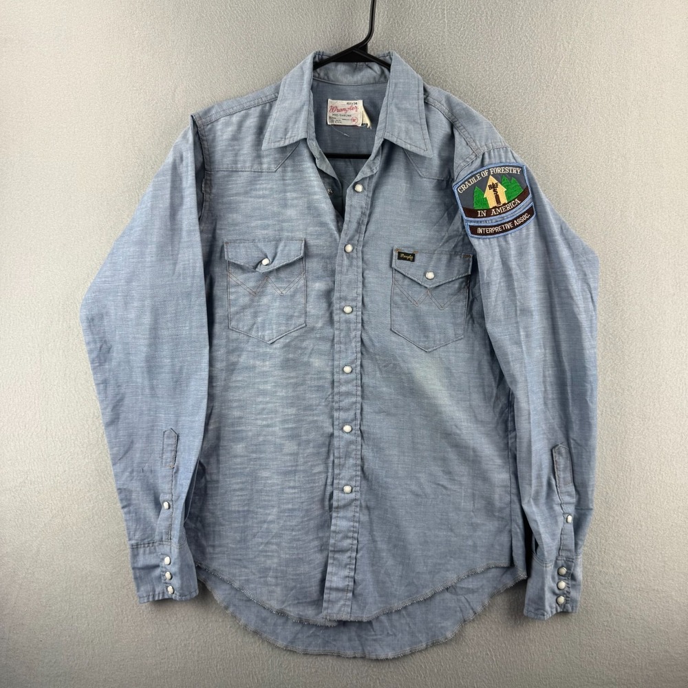Vintage 70s Wrangler Shirt Mens 15.5x34 Pearl Snap Western USA Forestry Service